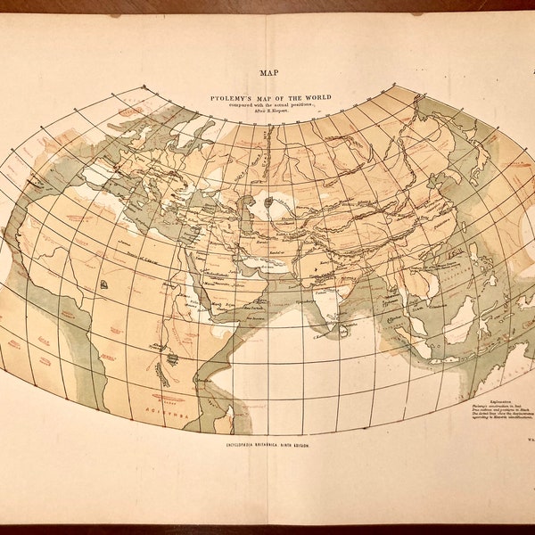 1883 Rare Antique Encyclopedia Britannica-Ptolemy's Map of the World-Vol XV-Map to Frame-Authentic Antique Map-Vintage Home Decor