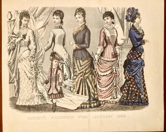 January 1880 Godey's Lady's Book and Magazine-Women's Fashion Illustration-Hand Colored-Original Antique Engraving-Authentic Vintage Print