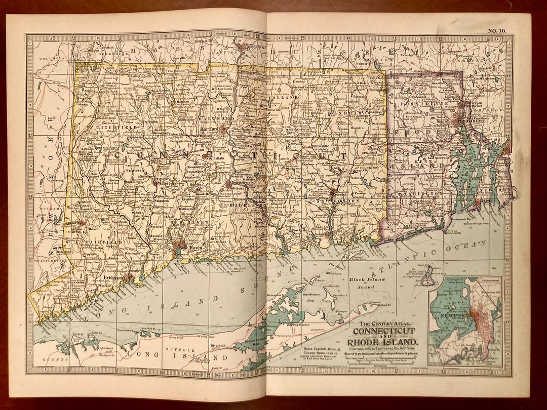 1897 Rare Antique Century Atlas Map of Connecticut &amp; Rhode Island ...