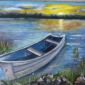 Oil Painting Original Fishing Boat Seascape Sunset Oil Painting Art Fine Art Wall Decor Canvas