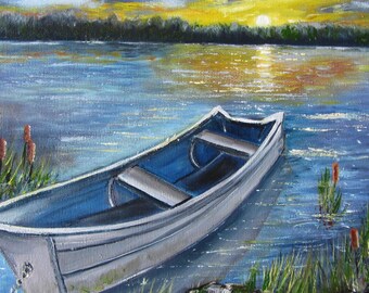 Oil Painting Original Boat Seascape Sunset Oil Painting Art Fine Art Canvas