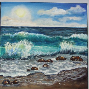 Peinture à l’huile originale paysage marin vagues miniature peinture maritime fine art peinture à l’huile idée cadeau toile 20x20 (1)