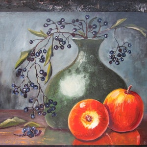 Pintura a óleo original natureza morta maçãs sabugueiro natureza arte decoração de parede tela