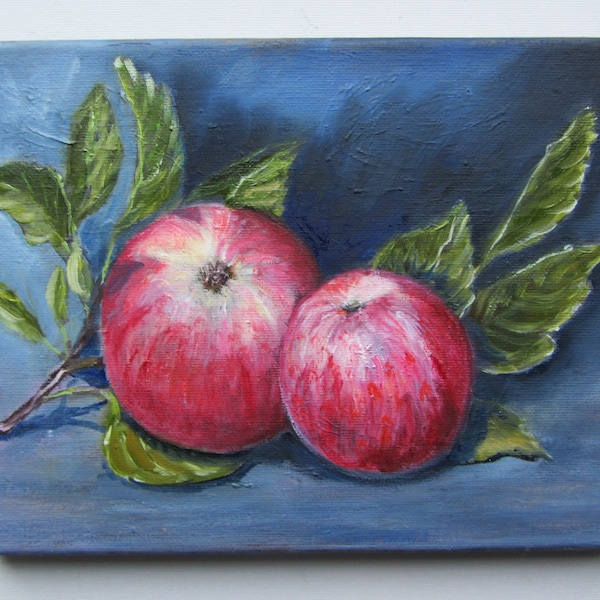 Peinture à l'huile originale miniature nature morte pommes décoration murale peinture à l'huile fine art oeuvre idée cadeau toile 24x18