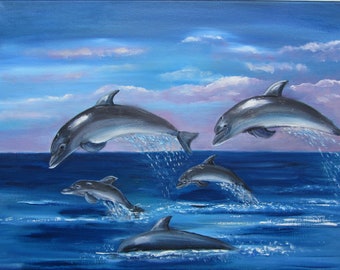 Peinture à l'huile Original Seascape Dolphins Peinture à l'huile Fine Art Nursery Wall Art Canvas 40x30