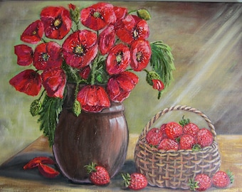 Peinture à l'huile nature morte coquelicots fraises Art mural beaux-arts salon décoration toile originale