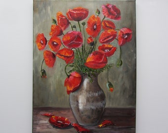 Peinture à l'huile originale nature morte coquelicots, art mural, décoration de salon, toile de peinture florale