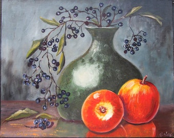 Original oil painting still life apples elderberries nature art wall decor canvas board