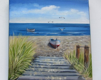 Oil Painting Original Miniature Baltic Sea Landscape Boats Beach Oil Painting Fine Art Maritime Wall Painting Home Decoration Gift Idea Canvas 20x20
