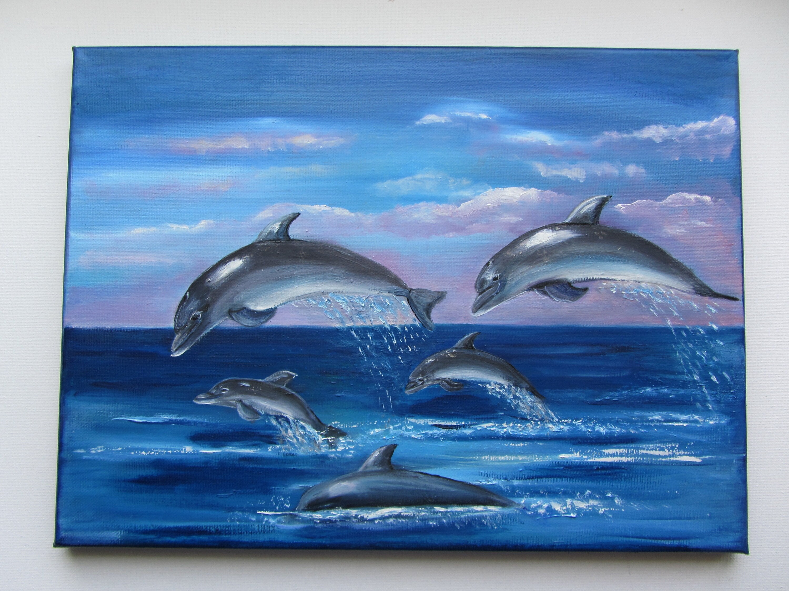 Oil Painting Original Dolphins Seascape Oil Painting Fine Art Wall Art Nursery Decor Canvas