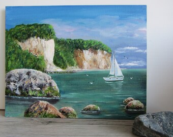 Oil Painting Original Oil Painting Maritime Seascape Baltic Sea Chalk Cliffs Sailing Yacht Stones Mural Living Room Decoration Canvas Board 30x24