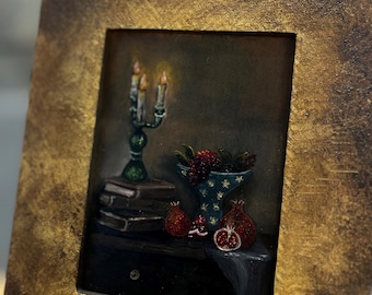 Original Baroque Still Life Painting | Old Masters Style Art | Candlelight & Pomegranate | Classical Wall Decor | Gold Frame, Framed Artwork