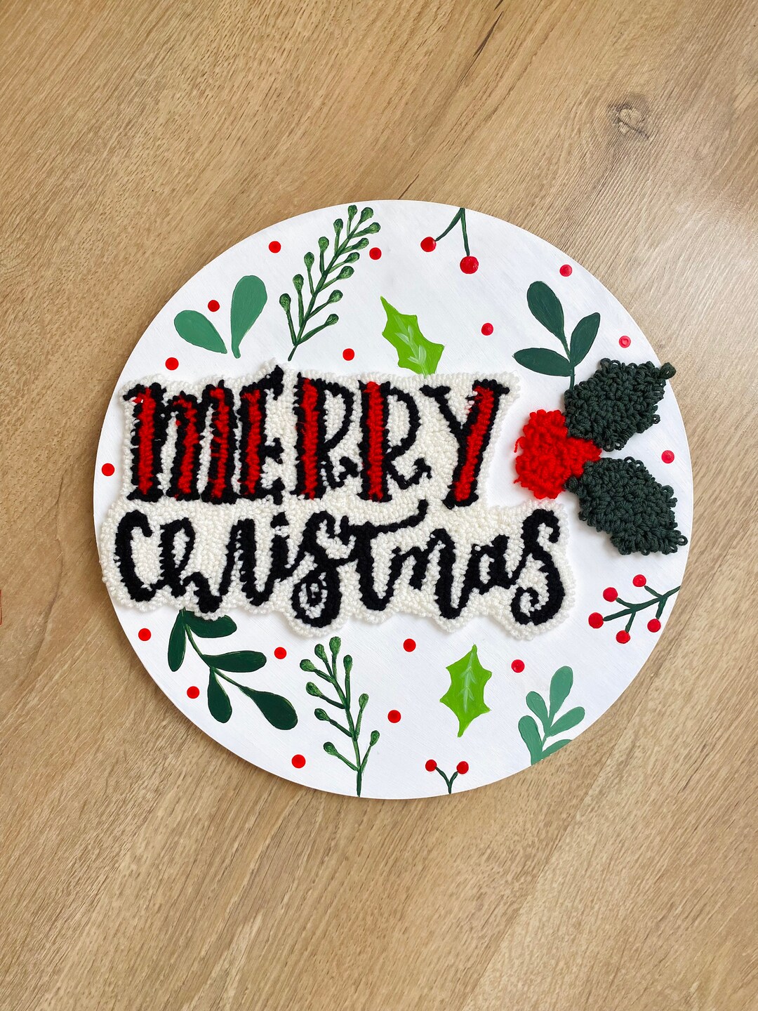 Christmas Door Hanger, Punch Needle Round Christmas Art, Wood Door