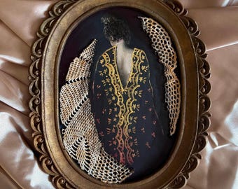 Framed Mixed Media Textile Art - Hand-Embroidered Victorian Lady Portrait - 3D Lace Wing Painting - Dark Gothic Wall Decor-Gold Ornate Frame