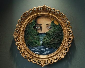Dark Academia Wall Art, Greek Goddess Painting in Gold Ornate Frame, Emerald Green Portrait with Heirloom Lace, Neoclassical Decor Art