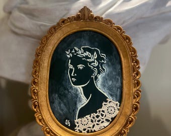 Dark Academia Wall Art, Greek Goddess Silhouette Painting in Gold Ornate Frame, Moody Vintage Portrait with Real Lace, Neoclassical Decor