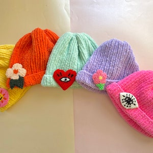 Velvet knit hat, Colorful soft hand knit hat