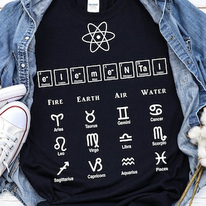 Chemise tableau périodique, cadeau chimie carte constellations, chemise Capricorne, chemise Poissons, chemise Bélier, chemise astrologie élémentaire