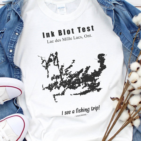 Ink Blot Test T Shirt, Fathers Day Fishing Tshirt, Psychology Gifts Fishing Humor, Lac des Mille Lacs Ontario Inkblot Map Shirt