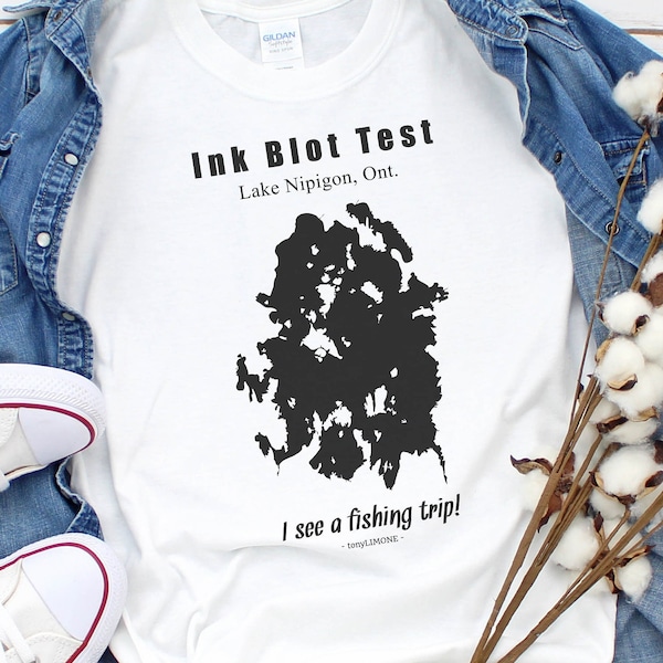 Fishing Humor Psychology Gifts, Fathers Day Fishing Tshirt, Ink Blot Test T Shirt, Lake Nipigon Ontario Inkblot Map Shirt