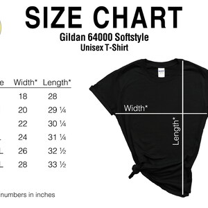Gildan 64000 unisex t-shirt size chart.