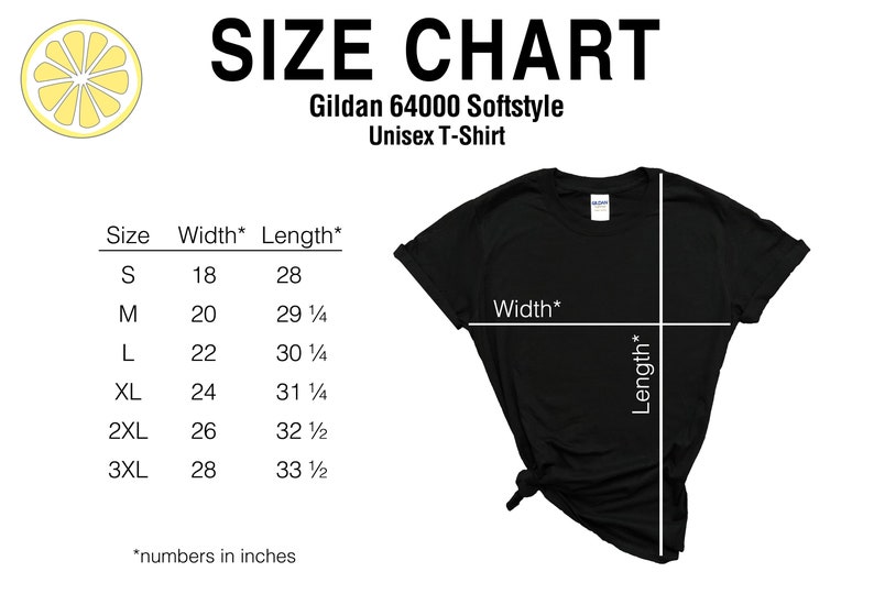 Gildan 64000 unisex t-shirt size chart.