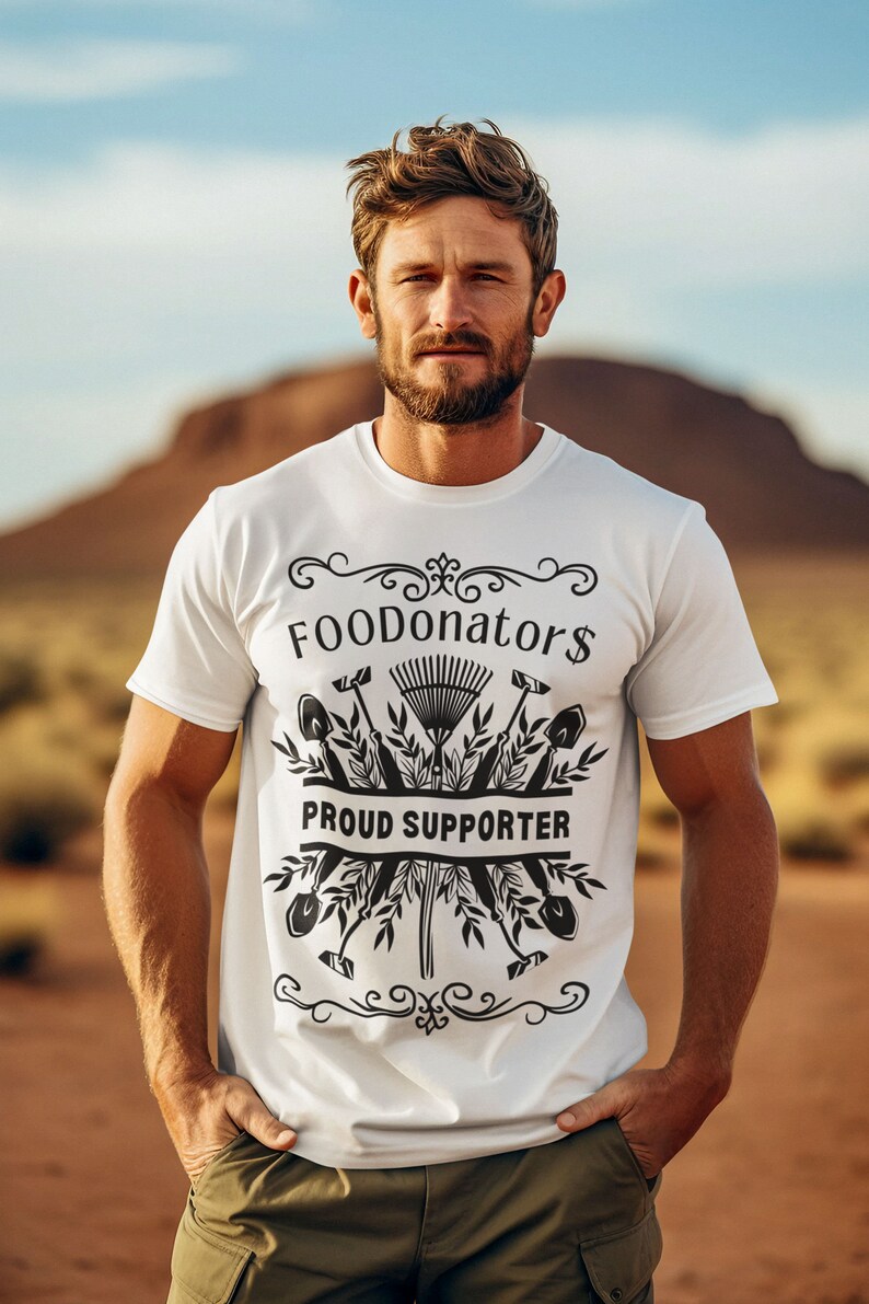 White and black vegan shirt saying FOODonator$ proud supporter.
