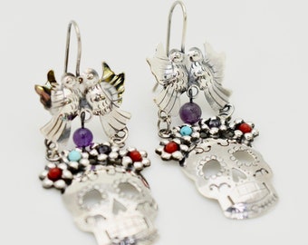 Catrina Dangle Earrings with Gemstone Accents – Oxidized Sterling Silver .925, Quintessential Mexican Elegance