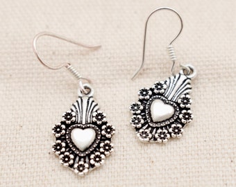 Sacred Heart Floral Earrings - Oxidized Sterling Silver .925 from Mexico