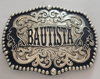 Trofeo Western Belt Buckle - Custom Made - Argento tedesco - Inciso a mano - Personalizza il tuo oggi!