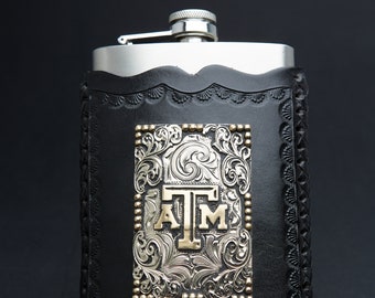 Flask w/ Hand-Tooled Leather sleeve with custom trophy buckle / emblem