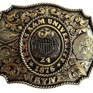 Licensed Texas A&M Aggie University Belt Buckle - German silver - Hand Engraved - Customize yours today! Great Graduation or Special Gift