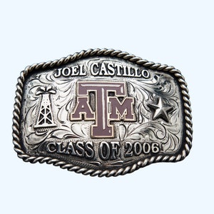 Texas A&M Aggie University Belt Buckle - German silver - Hand Engraved - Customize yours today! Great Graduation or Special Gift