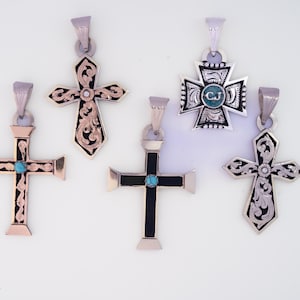 Custom German Silver Cross Pendant: Western Stone Inlay Necklace