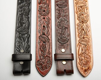 Hand Tooled Floral Leather Belt: Vintage Brown Western  display picture 3