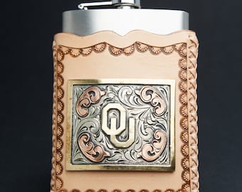 Flask w/ Hand-Tooled Leather sleeve with custom trophy buckle / emblem