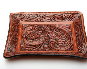 Hand Tooled Leather Valet Tray: Rustic Western Caddy