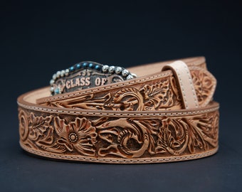 MIDLAND Belt - Western, Oak Leaves, hand tooled, fully lined full-grain saddle leather belt w/ brass plated nickel clasps 1.5" Vintage Brown