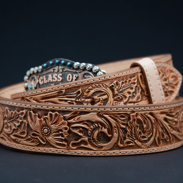 MIDLAND Belt - Western, Oak Leaves, hand tooled, fully lined full-grain saddle leather belt w/ brass plated nickel clasps 1.5" Vintage Brown