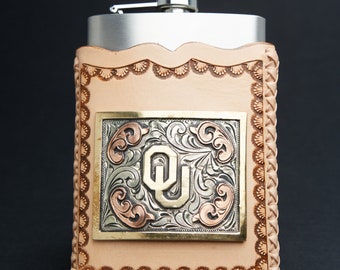 Custom Hand Tooled Leather Flask: Engraved Emblem, Stainless Steel