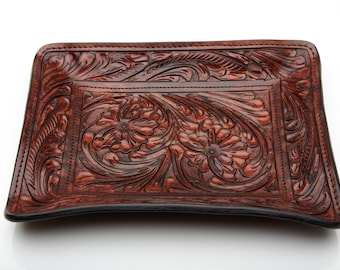 Hand Tooled Leather Catch All Tray, Vegetable Tanned. Vintage brown