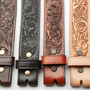 MIDLAND Belt - Western, Oak Leaves, hand tooled, fully lined full-grain saddle leather belt w/ brass plated nickel clasps 1.5"