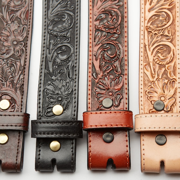 MIDLAND Belt - Western, Oak Leaves, hand tooled, fully lined full-grain saddle leather belt w/ brass plated nickel clasps 1.5"