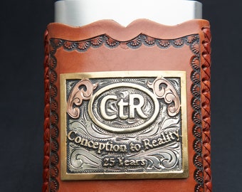Flask w/ Hand-Tooled Leather sleeve with custom trophy buckle / emblem