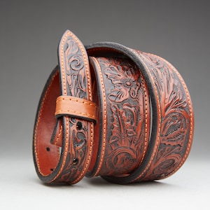 Ceinture CHAMA - Western, feuilles de chêne, façonné à la main, cuir de selle pleine fleur entièrement doublé avec fermoirs en laiton nickelé de 1,5 pouce conique à 1 pouce