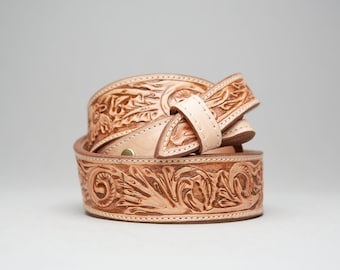 Hand Tooled Leather Western Belt: Oak Leaf Design, Full Grain Saddle Leather