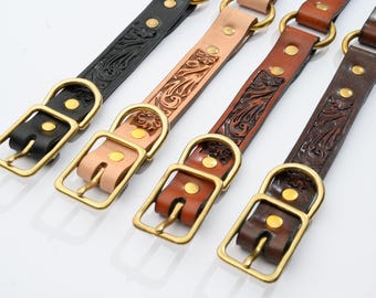 Hand-Tooled Full-Grain Leather Dog Collar: Adjustable (17-20")