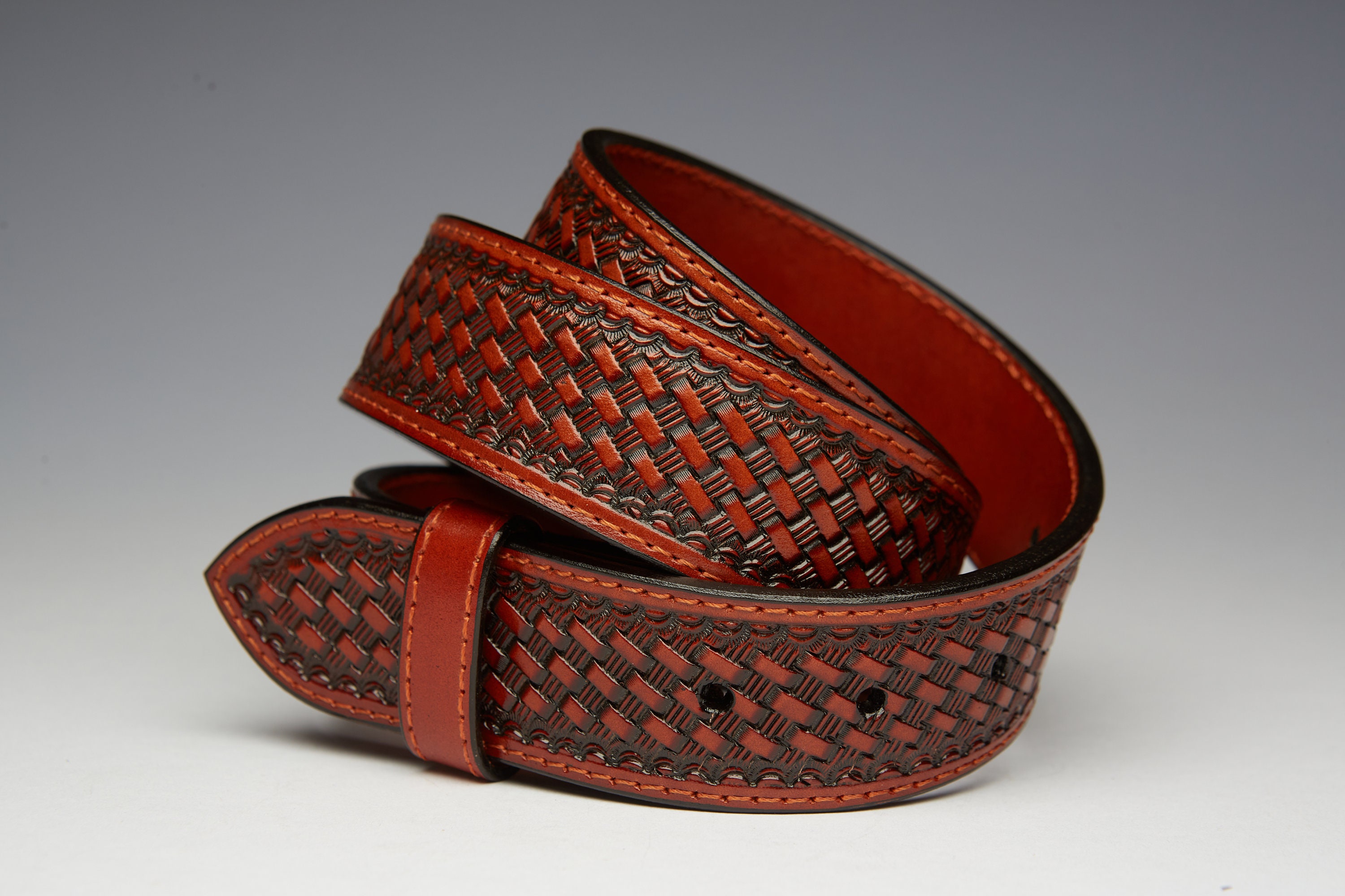 Hand Tooled Western Belt: Full Grain Leather Basket Weave 