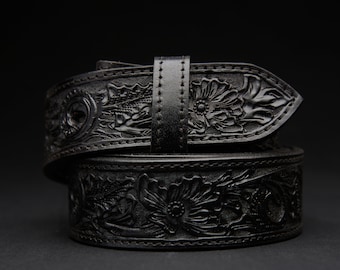 MIDLAND Belt - Western, Oak Leaves, hand tooled, fully lined full-grain saddle leather belt w/ brass plated nickel clasps 1.5" - Black