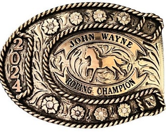 Horseshoe Western Belt Buckle - Custom Made - German silver - Hand Engraved - Customize yours today!